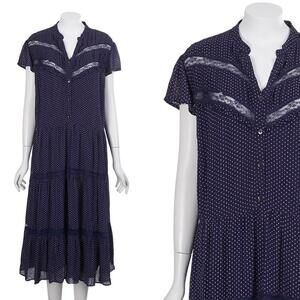 April Cornell Vintage Dress XL Navy Blue Polka Dot Lace Cap Sleeve Tiered Midi